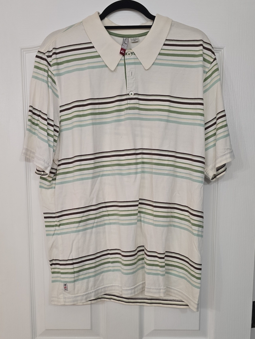 Quiksilver Cream Polo with Green, Brown & Light Blue Stripes